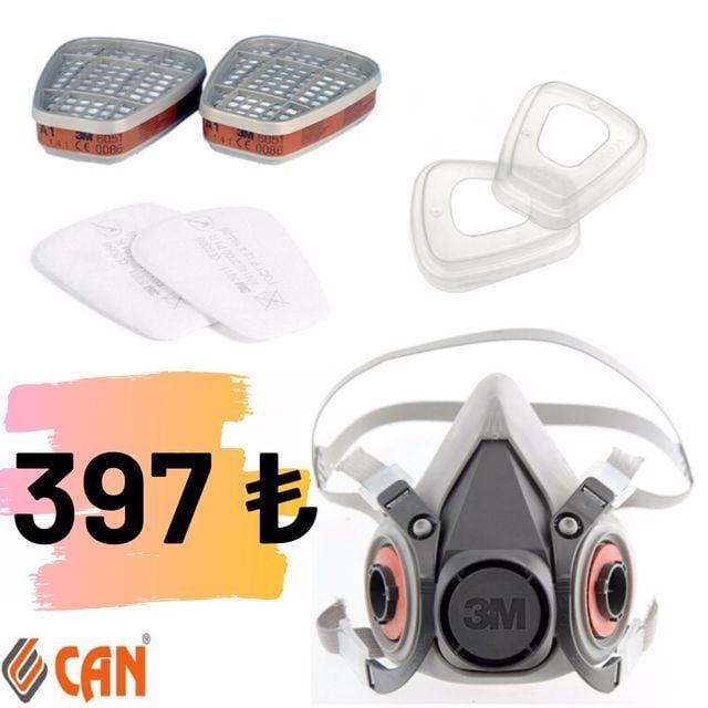 3M 6200 Kampanyalı Ucuz Gaz Maskesi + 6051 A1 Filtre + P1 Toz Pedi + Kapak & Tutucu Seti